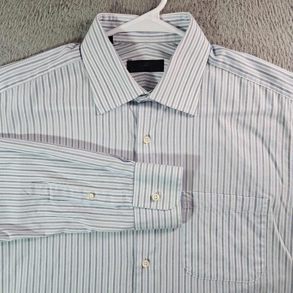 Ike Behar Dress Shirt Men Size 16 Button Up Long Sleeve White Blue Striped